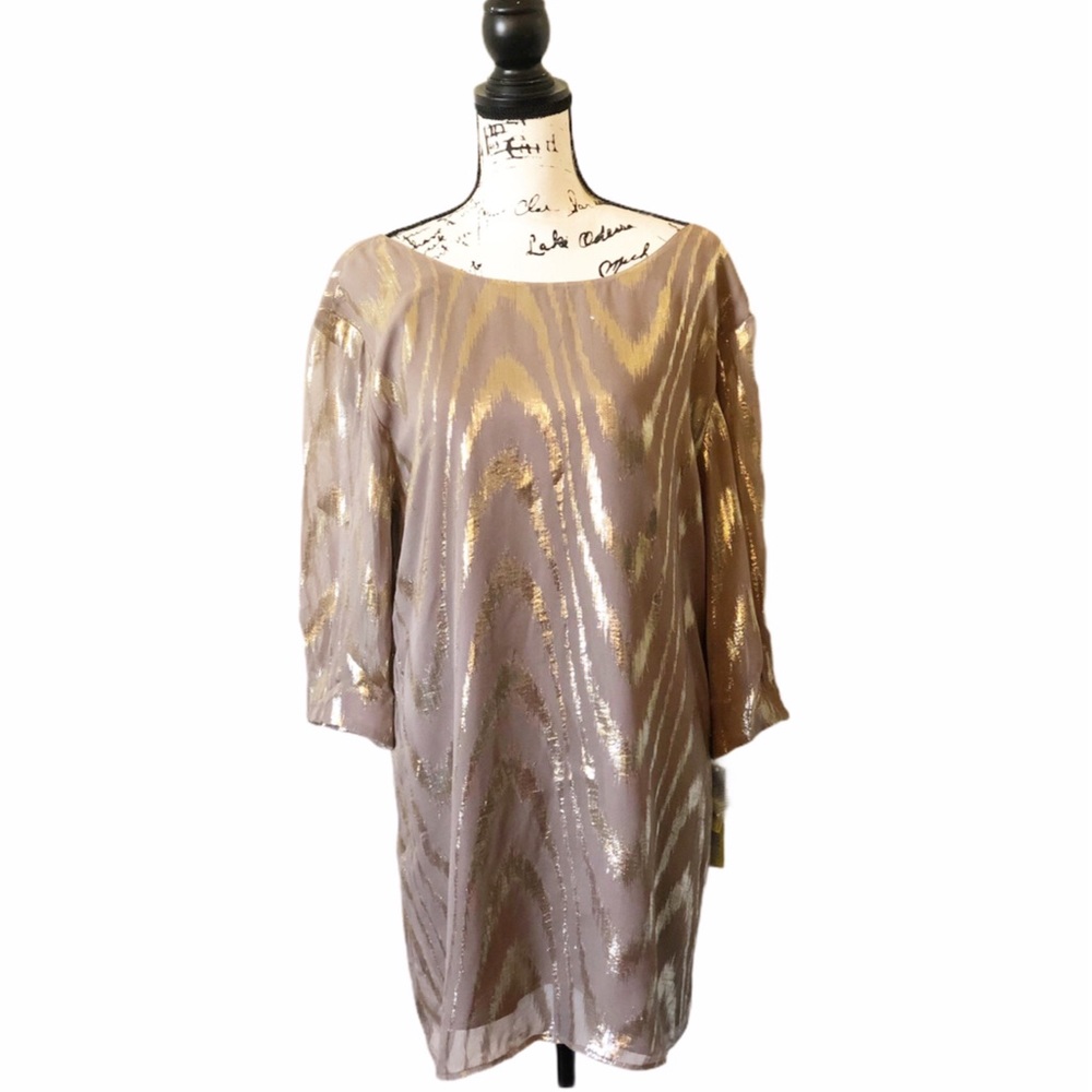 Vintage Taupe & Gold Silk Dress. Size Medium
